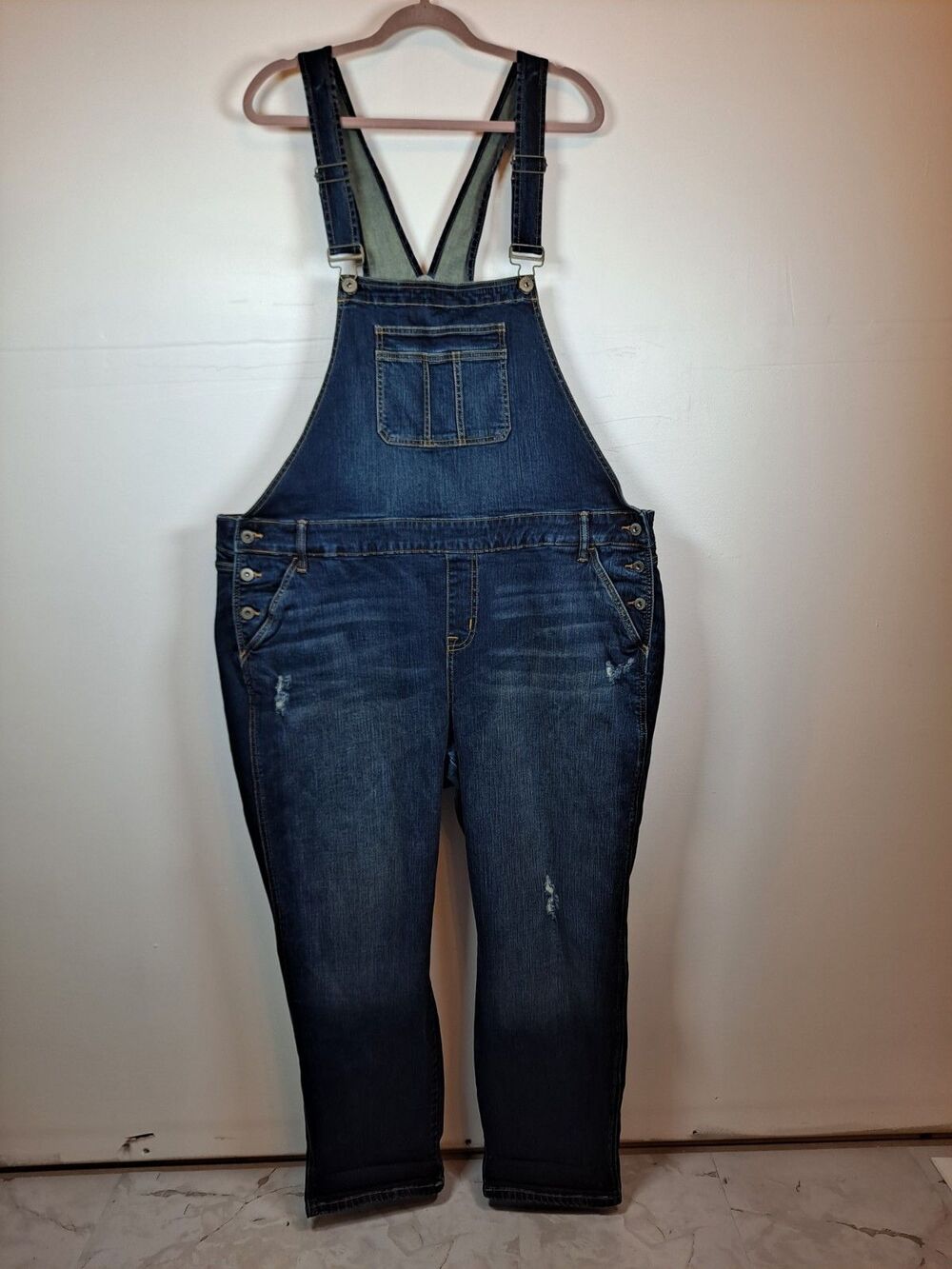 Torrid Women's Overalls Size 24 Straight Distressed Denim Stretch Dark Wash